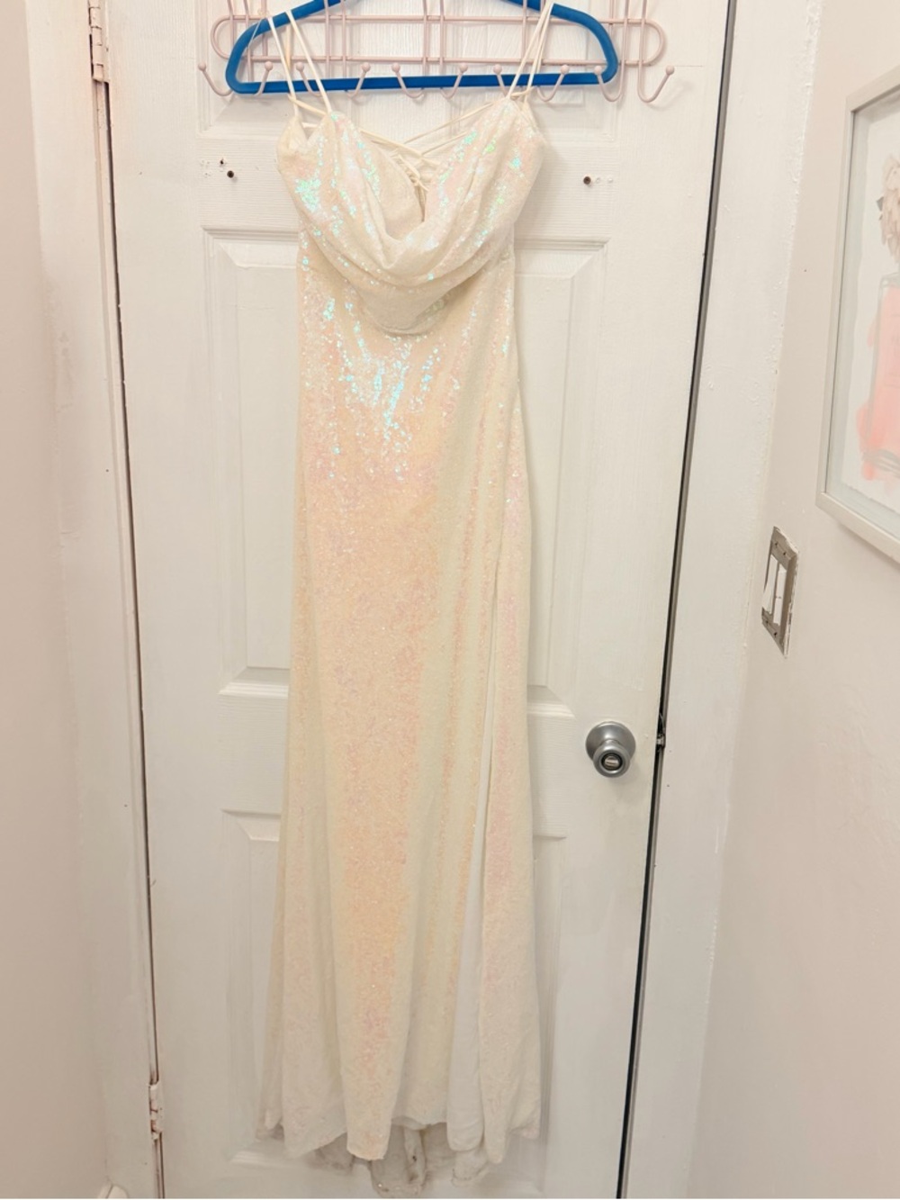 B Darlin Ivory Iridescent Sequin Cowl Neck Maxi Dress